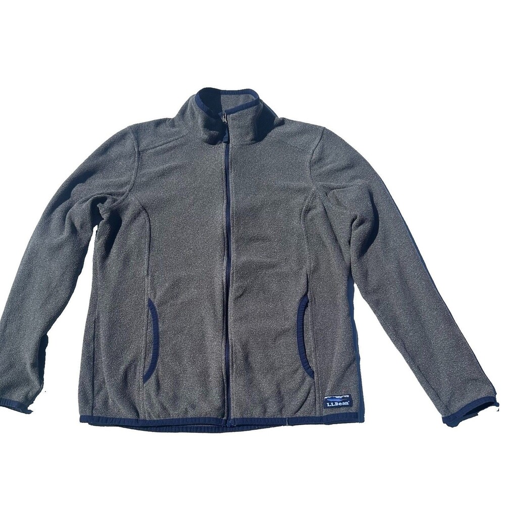 L.L.Bean Women’s Gray Full Zip Fleece Jacket Navy Trim Size Small